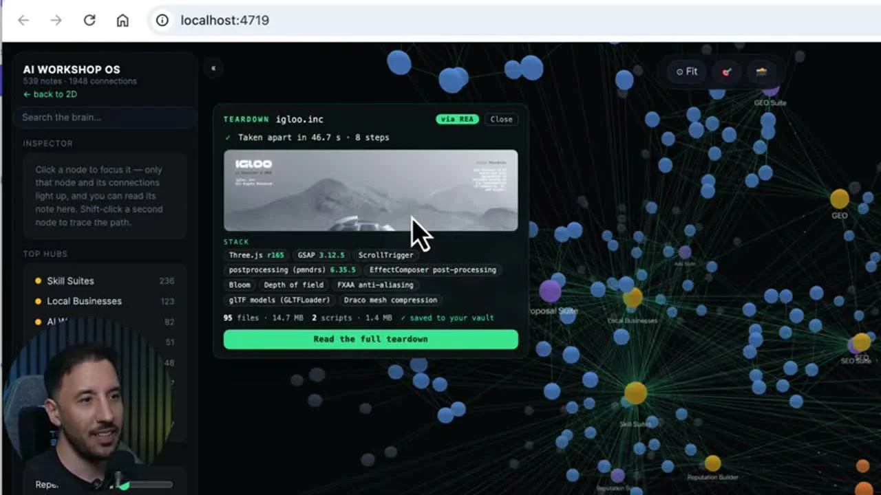 動画キャプチャ: igloo.inc の分解カード。分解にかかった46.7秒と8ステップの表示、使われている技術の一覧が出ている（3:08頃）