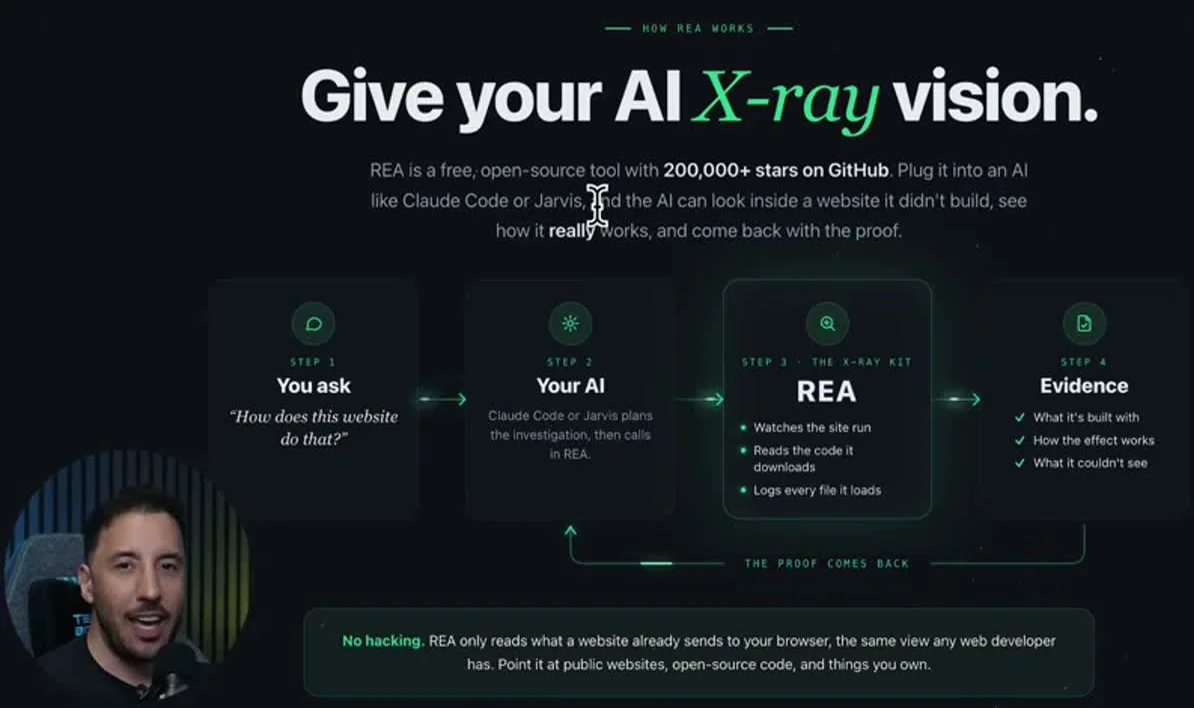 動画キャプチャ: スライド Give your AI X-ray vision. 自分が頼む、AI、REA、証拠、の4段階が並んでいる（5:58頃）