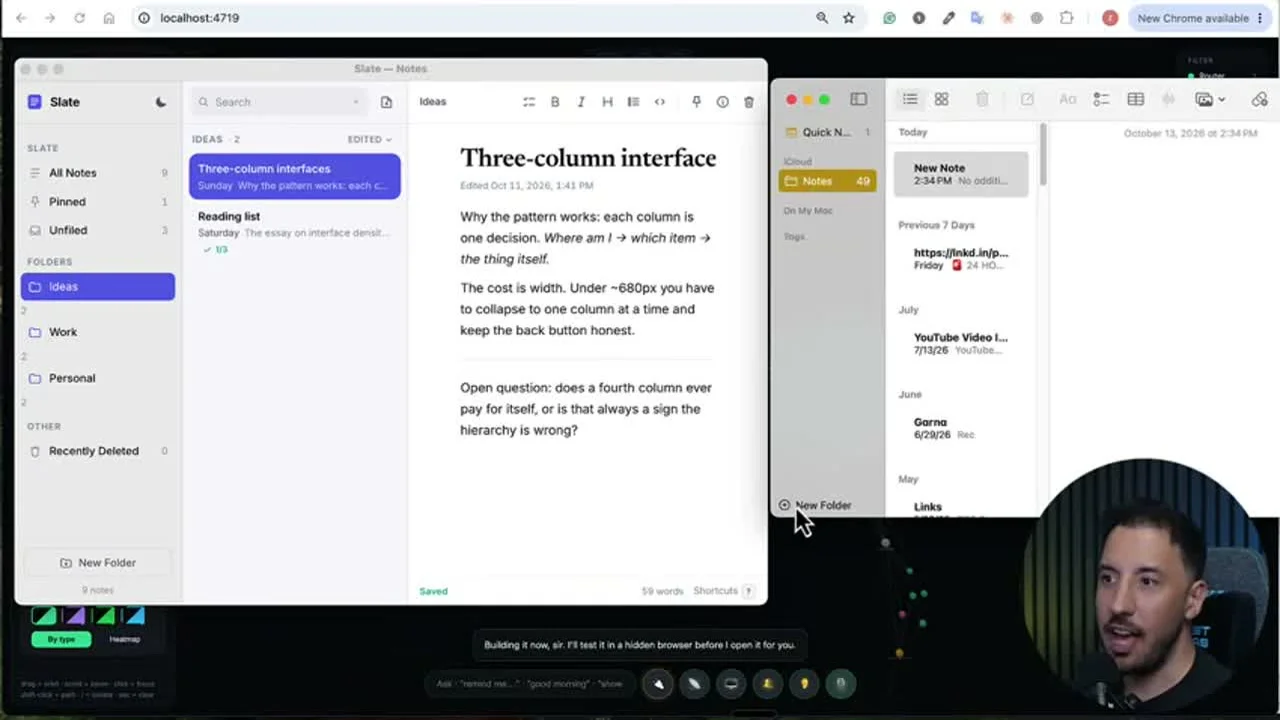 動画キャプチャ: 作らせたノートアプリ Slate（左）と Apple Notes（右）を並べた画面。フォルダとノートの一覧が出ている（14:50頃）