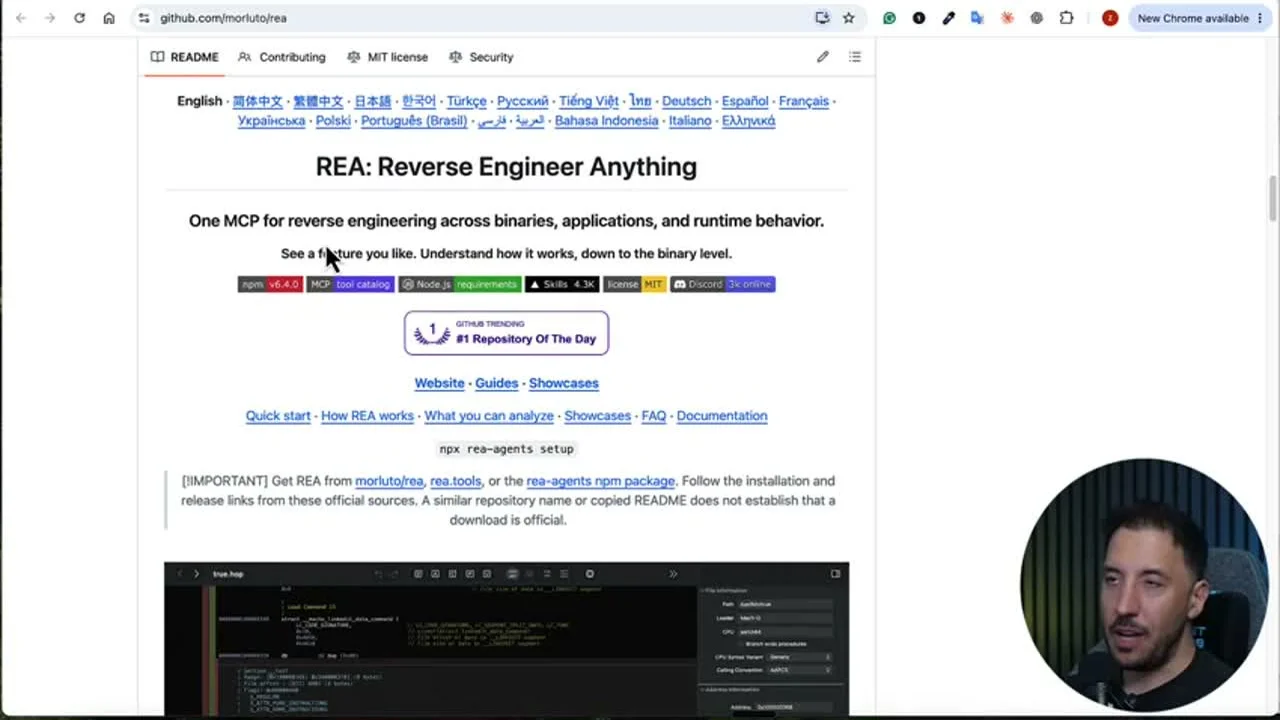 動画キャプチャ: REA の GitHub の README。題は REA: Reverse Engineer Anything（17:30頃）