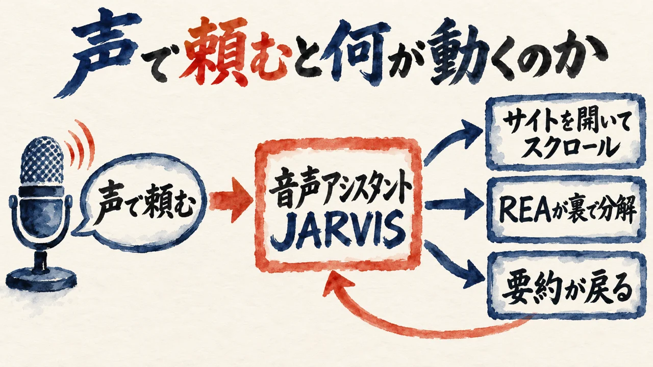 声で頼むと音声アシスタントJARVISが動き、サイトを開いてスクロールし、REAが裏で分解して、要約が戻ってくる流れの図解