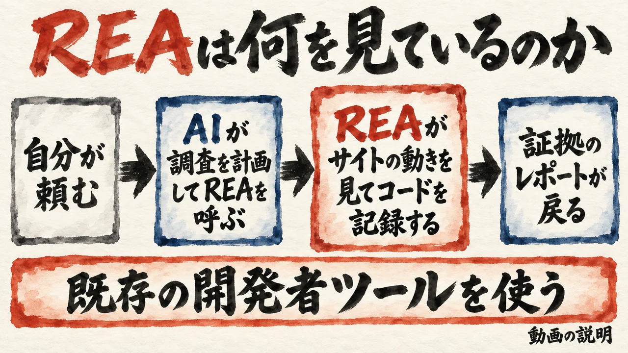 自分が頼む、AIが調査を計画してREAを呼ぶ、REAがサイトの動きを見てコードを記録する、証拠のレポートが戻る、の4段階と、既存の開発者ツールを使うという帯の図解