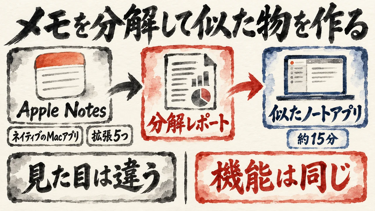 Apple Notesを分解したレポートから、約15分で似たノートアプリができ、見た目は違うが機能は同じ、という流れの図解