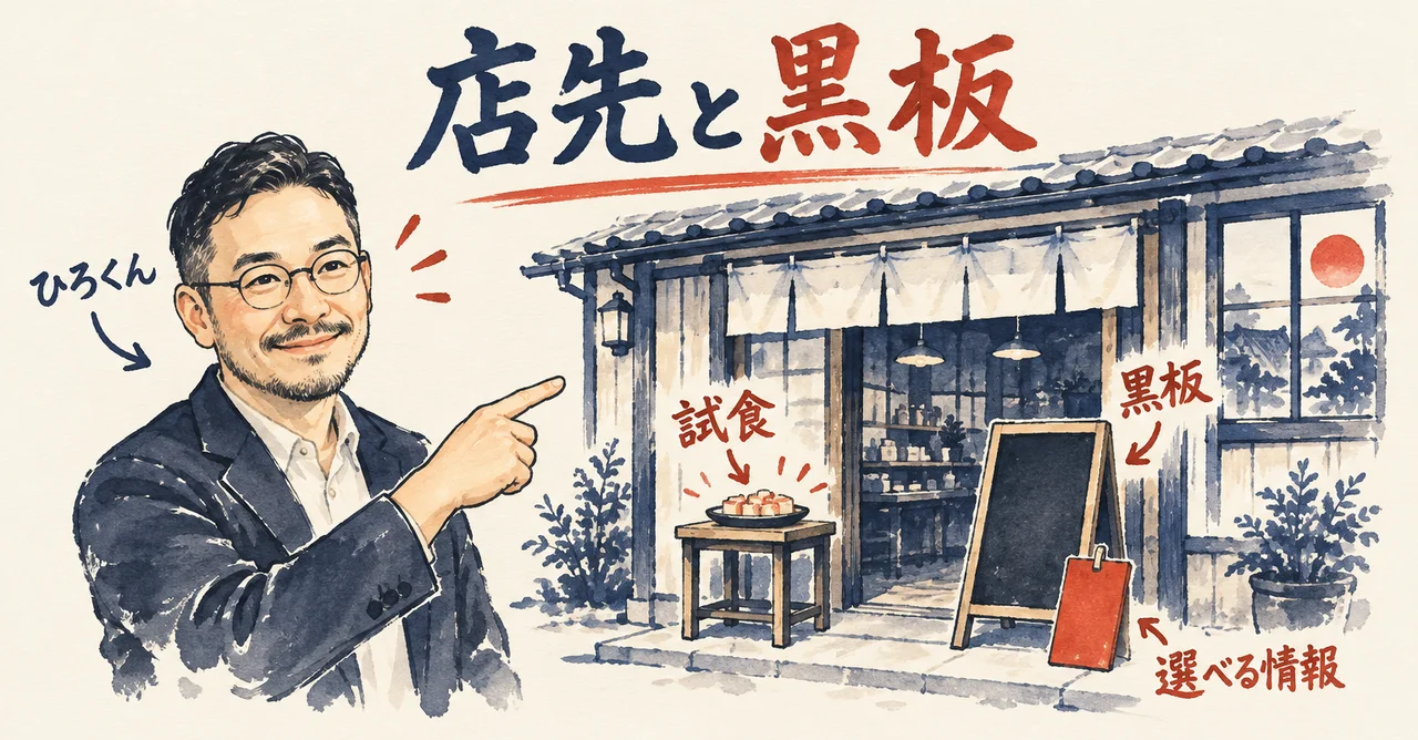 ひろくんが、お店を指さす。お店の外に「試食」の台、入口の中に「黒板」があり、朱色の札「選べる情報」が立つ図解