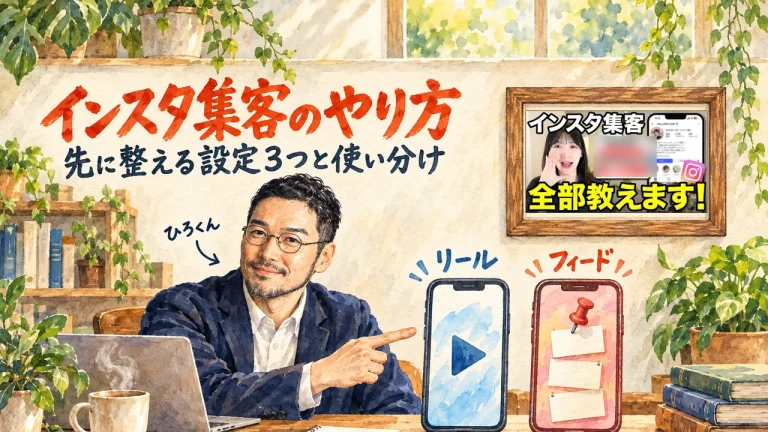 ひろくんが机の上の2つの枠を指さすアイキャッチ。左の枠は「リール」、右の朱色の枠は「フィード」。右上の壁に動画のサムネイル。題字は「インスタ集客のやり方」「先に整える設定3つと使い分け」