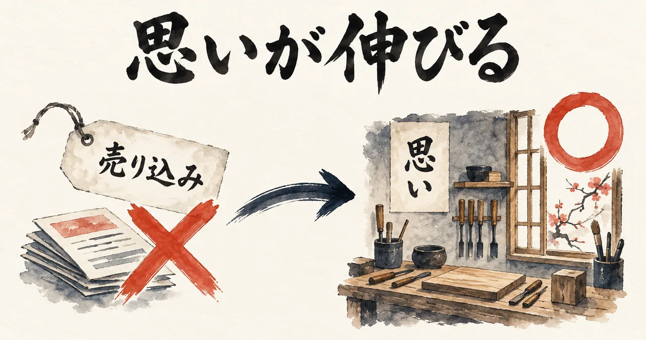 左の札「売り込み」に朱色のバツ、右の作業場面の窓「思い」に丸の印がついた図解