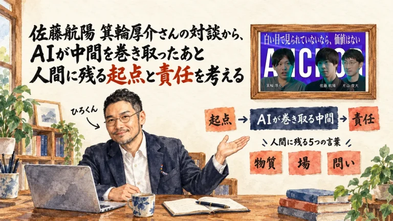 佐藤航陽さんと箕輪厚介さんの対談から、AIが中間を巻き取ったあと人間に残る起点と責任を考える。ひろくんが、起点・責任・物質・場・問いの図を紹介する全体図。壁に動画のサムネイル