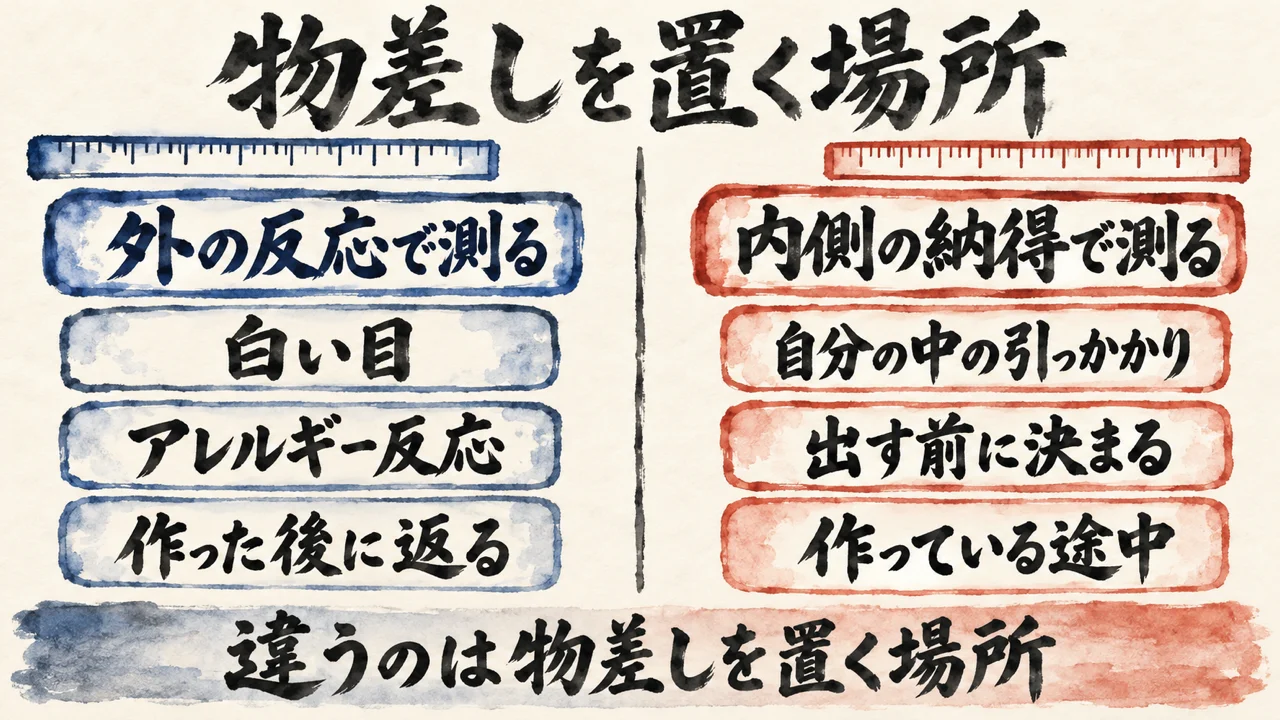 外の反応で測る物差しと、内側の納得で測る物差しを左右に並べた図解
