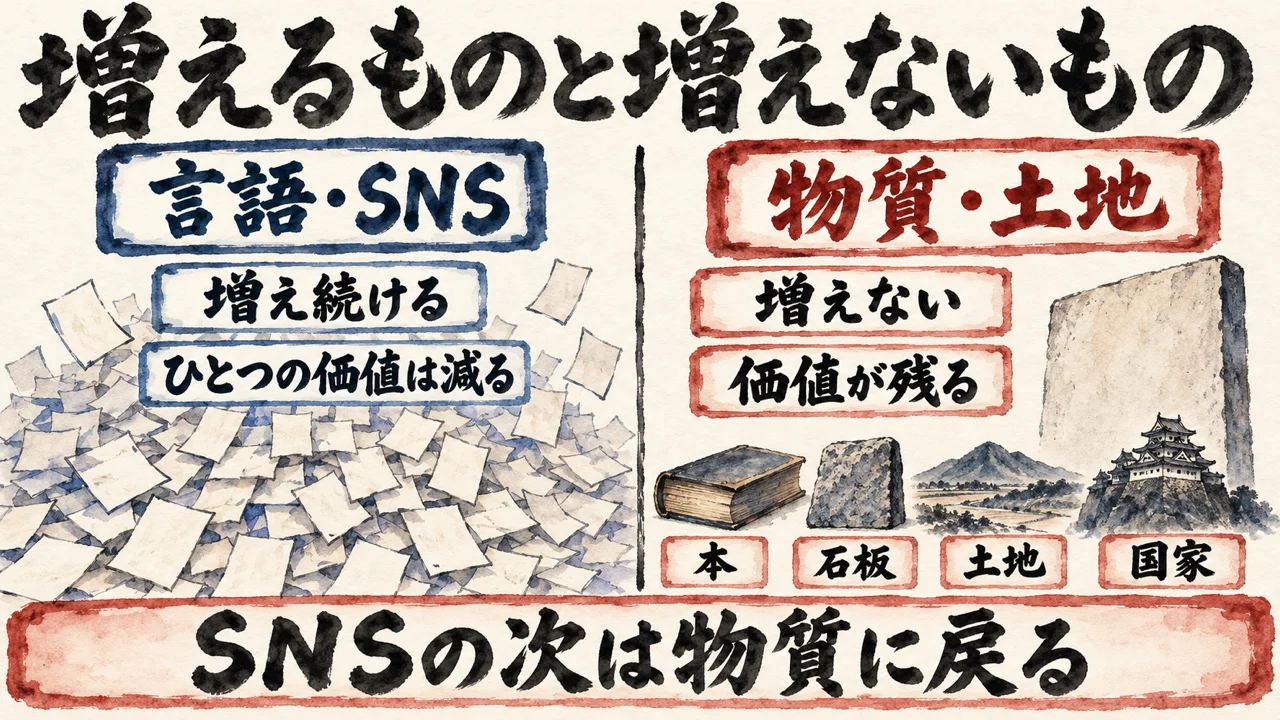 増え続ける言語・SNSと、増えない物質・土地を左右に並べた図解