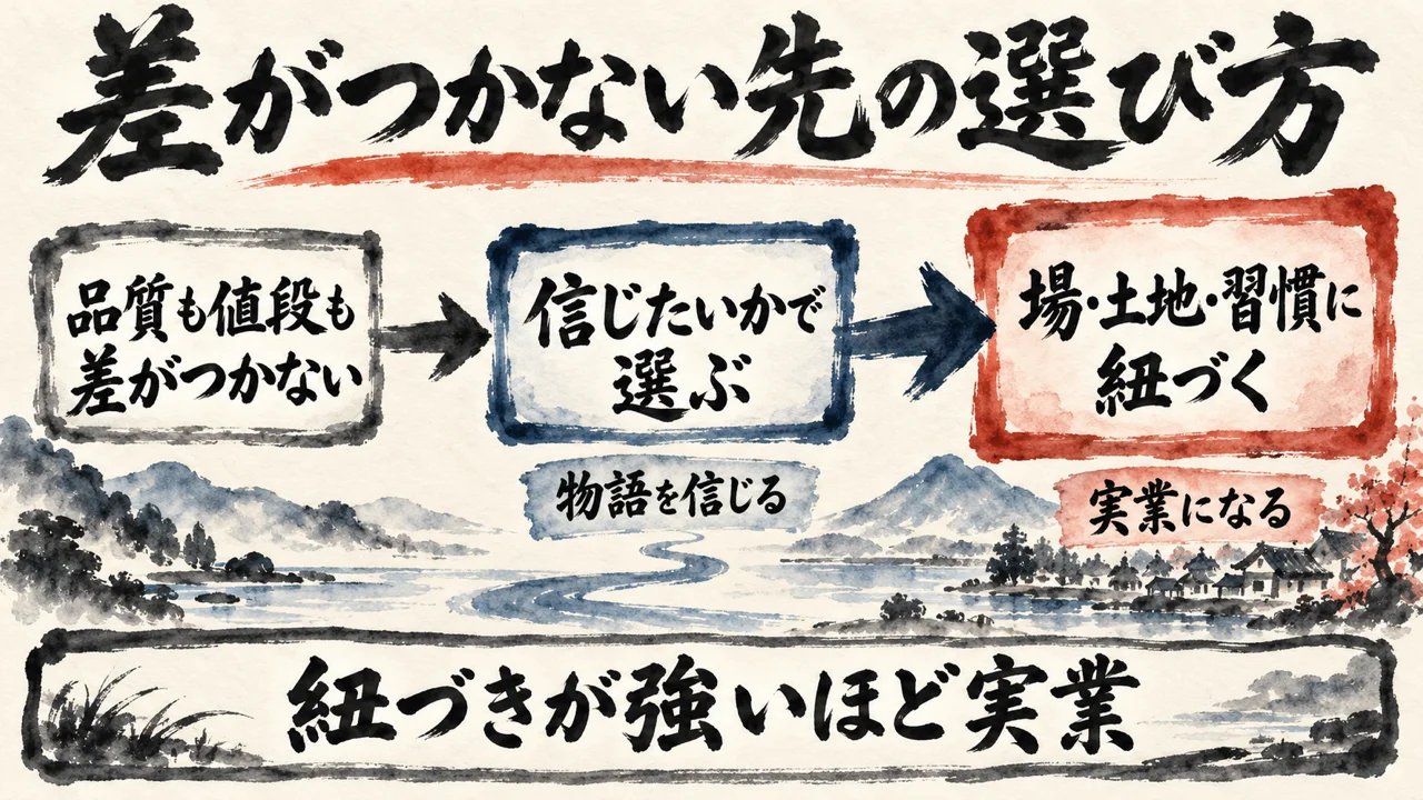品質も値段も差がつかない先で、信じたいかで選び、場・土地・習慣に紐づけて実業になる流れの図解