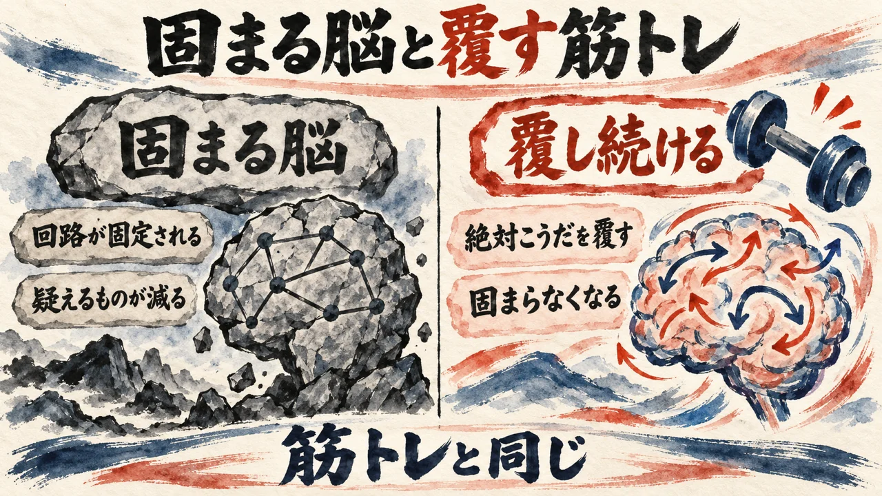 年齢で固まる脳の回路と、覆し続けて固まらない筋トレのたとえを左右に並べた図解