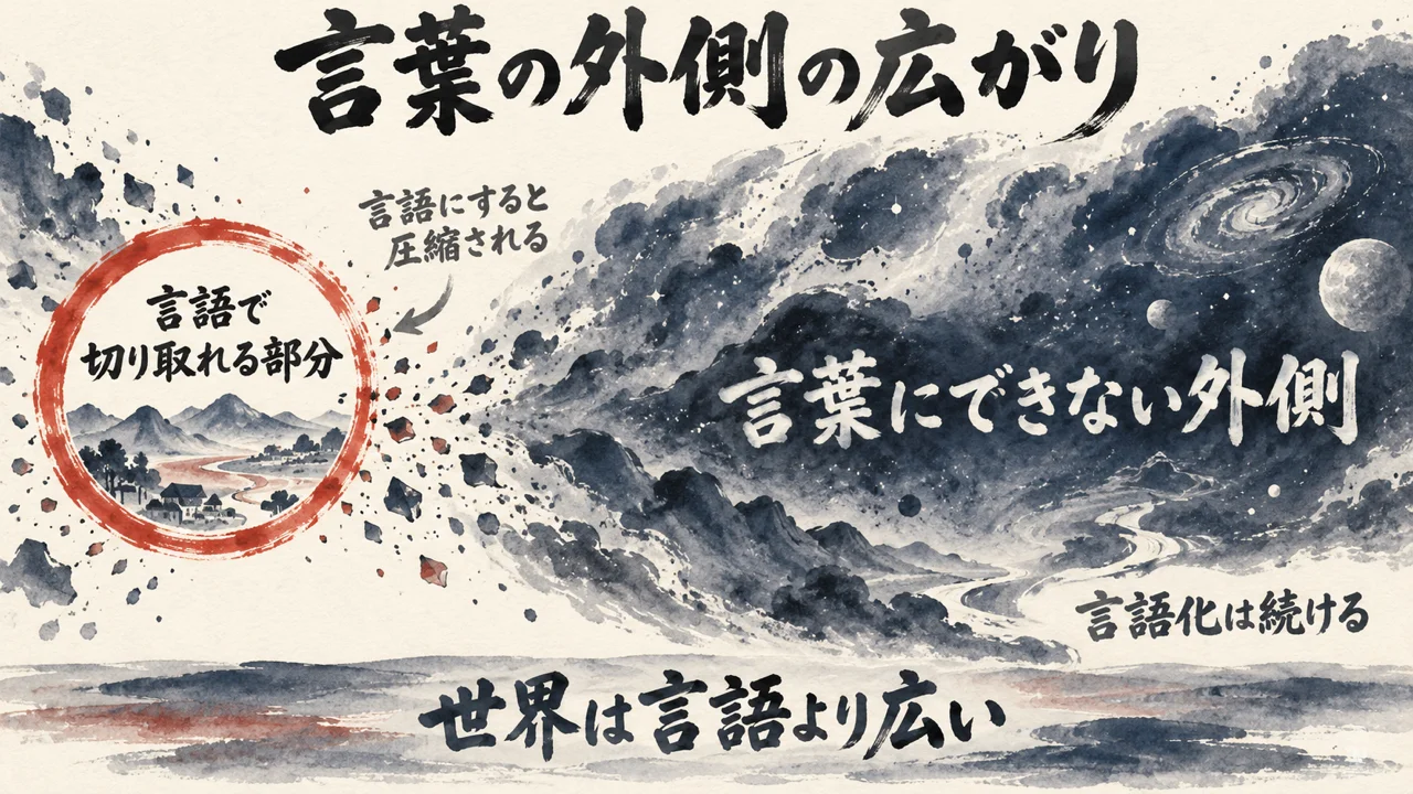 言語で切り取れる部分の円と、言葉にできない外側の広がりを描いた図解