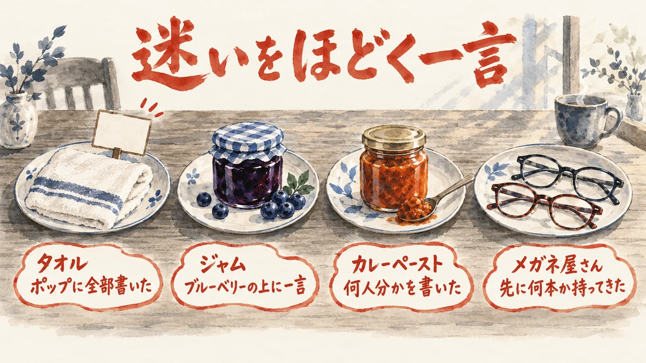 タオル、ジャム、カレーペースト、メガネ屋さんの4つの店が、どこに一言を足したかを、4つの皿に並べたコラム図解