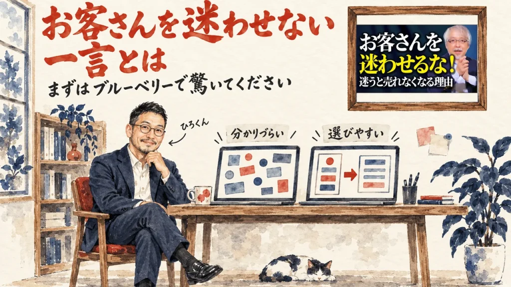お客さんを迷わせない一言とは、と紹介するひろくんが机の2つの申込み画面を見比べる絵と、壁に動画のサムネイル