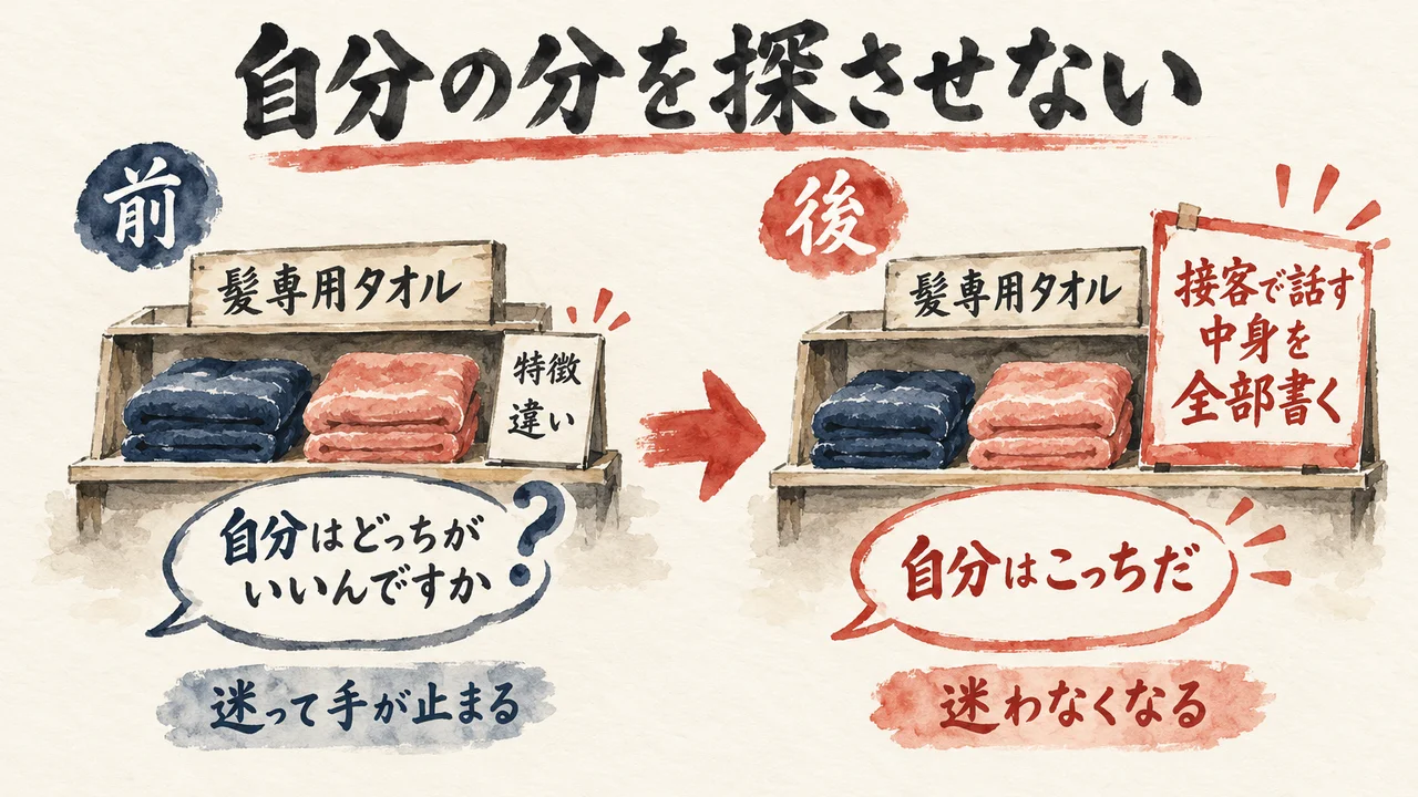 髪専用タオルの売り場で、違いを書いたポップの前は迷って手が止まり、接客で話す中身を全部書いたポップの後は迷わなくなる、という前後を並べた図解