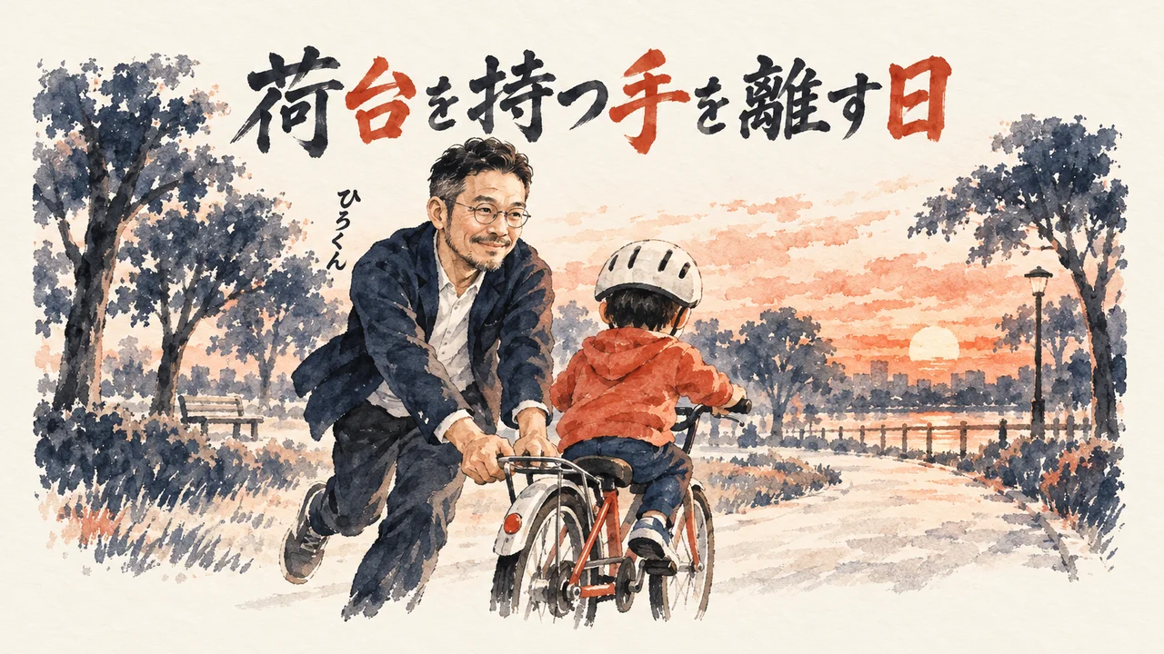 公園の道で、小学生の息子の自転車の荷台を後ろから持って走り、手を離す直前のひろくんを描いたコラムのイラスト