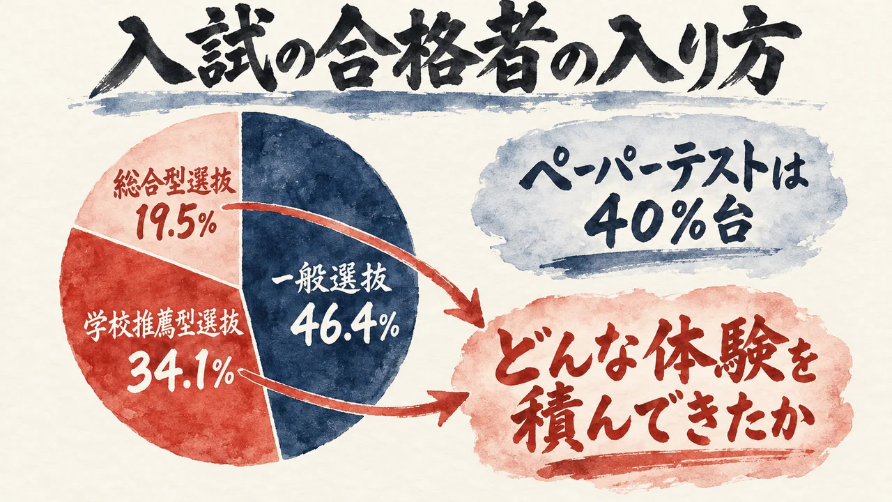 大学入試の入り方を一般選抜46.4%、学校推薦型選抜34.1%、総合型選抜19.5%の円グラフで示し、ペーパーテストは40%台で、残りはどんな体験を積んできたかが問われると伝える図解