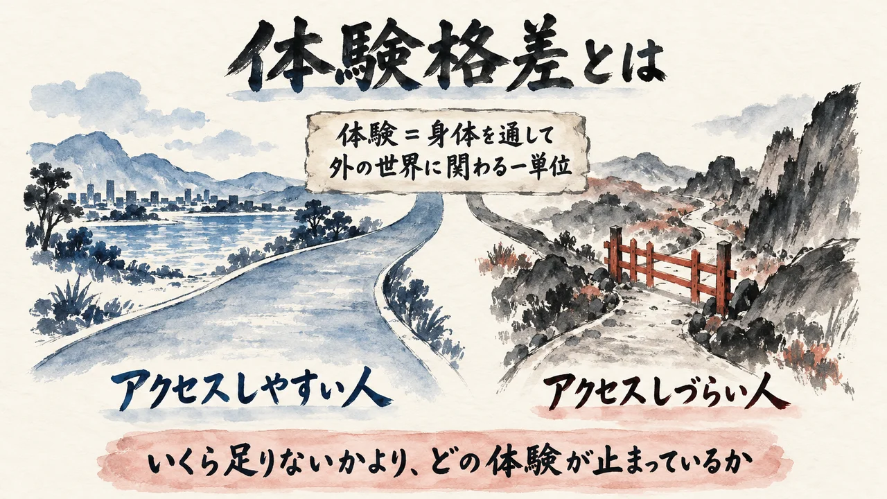体験は身体を通して外の世界に関わる一単位という定義から、アクセスしやすい人としづらい人の2本の道に分かれ、いくら足りないかよりどの体験が止まっているかが問題だと示した図解
