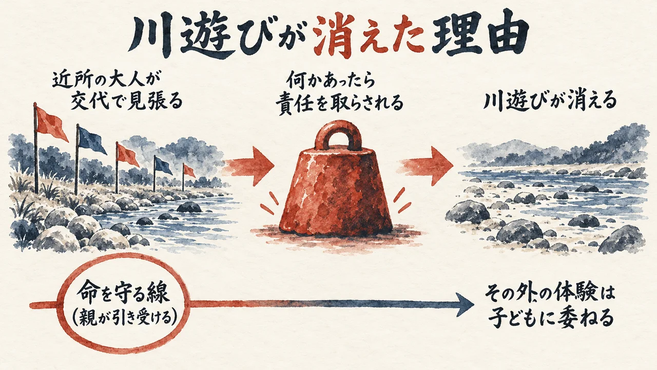 近所の大人が交代で見張る、何かあったら責任を取らされる、川遊びが消えるという流れと、命を守る線は親が引き受けその外の体験は子どもに委ねる線を示した図解