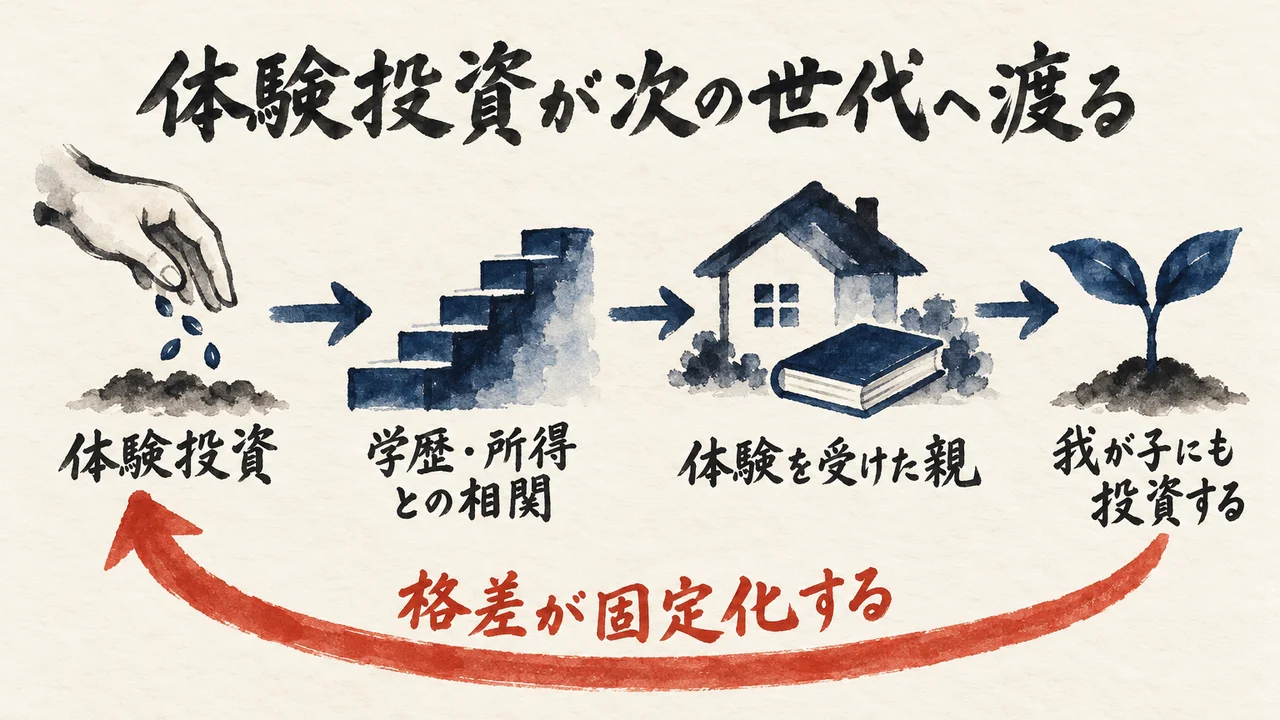 体験投資から学歴・所得との相関、体験を受けた親、我が子にも投資するへと渡り、格差が固定化するという循環を示した図解