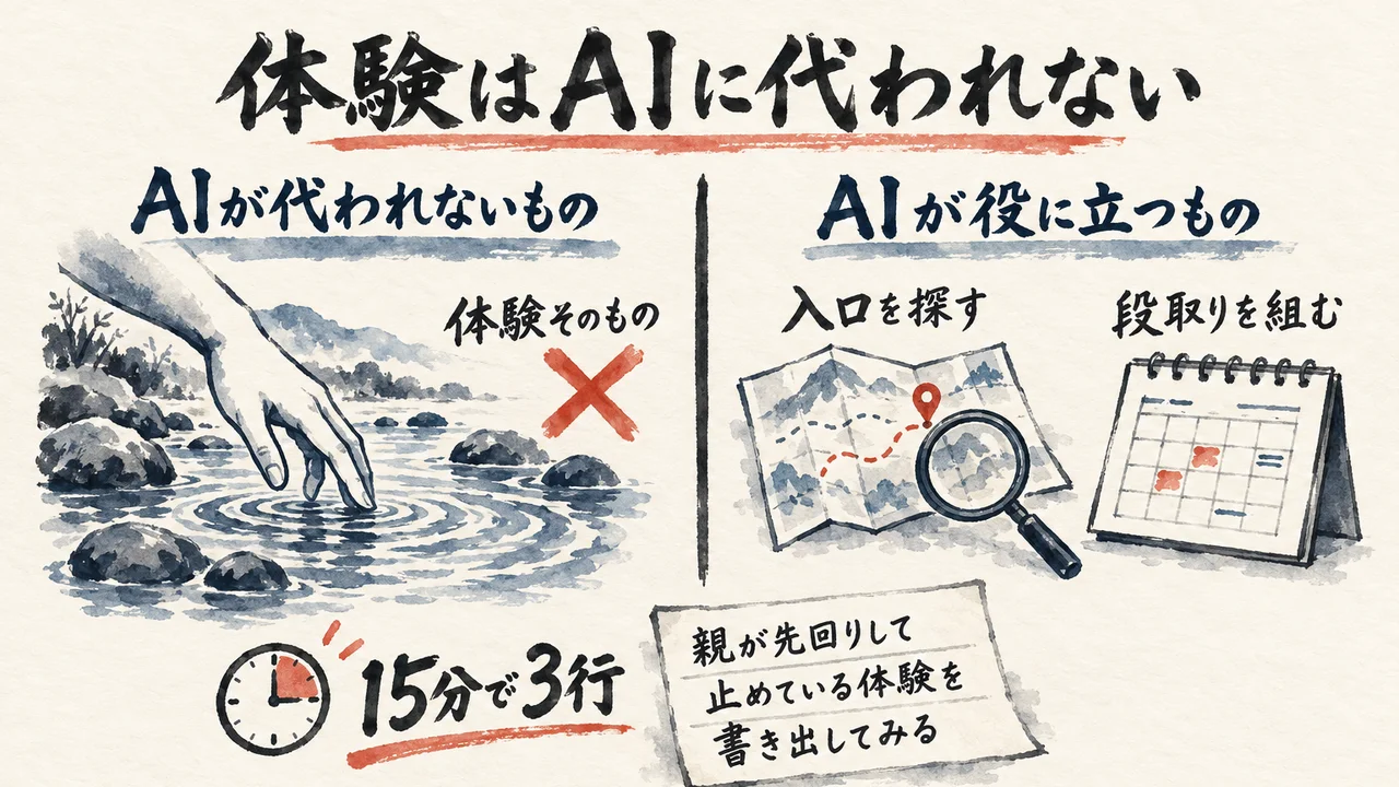 体験そのものはAIに代われないこと、体験の入口を探すことと段取りを組むことにはAIが役立つこと、15分で3行書き出す手順を示した図解