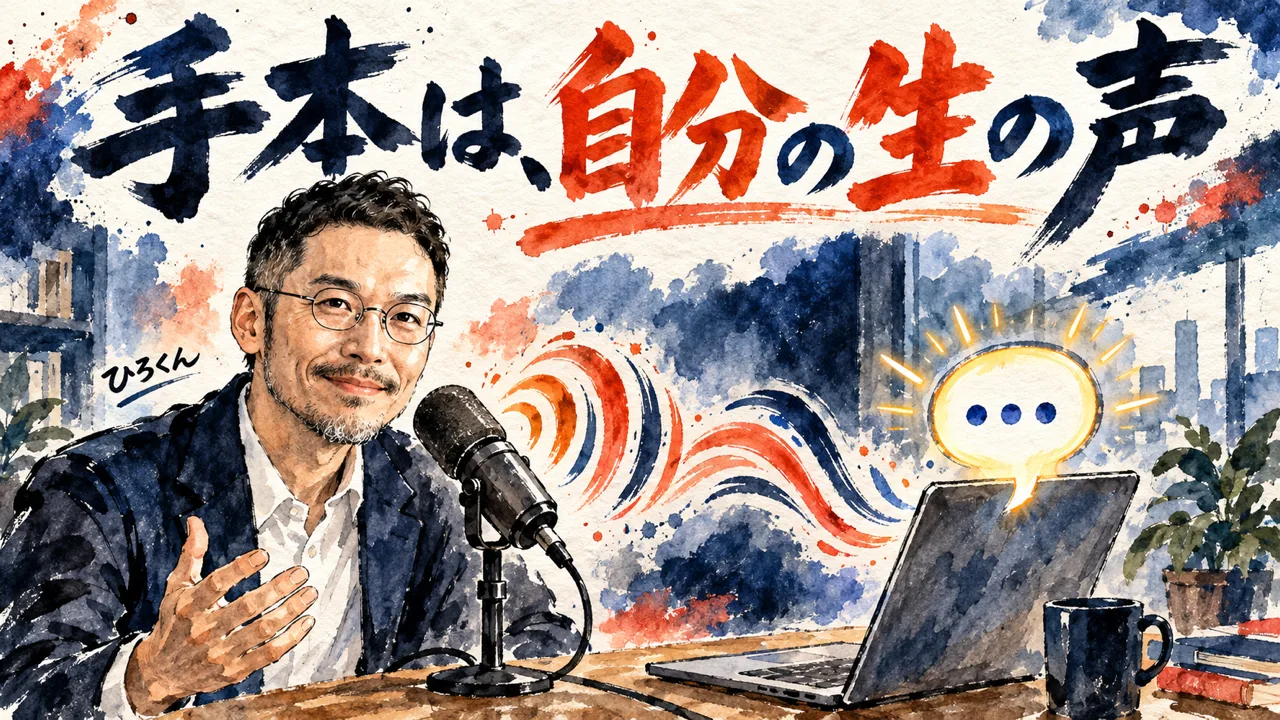 ひろくんコラム。手本は、自分の生の声。マイクに話すひろくんの声がノートパソコンに入っていく
