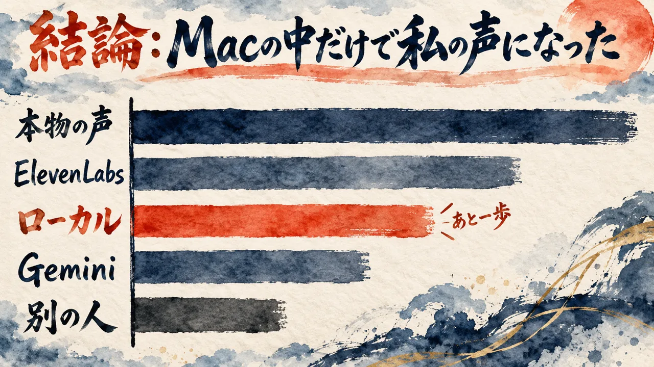 結論：ボイスクローンがMacの中だけで「私の声」になった。差は速さと読み間違い