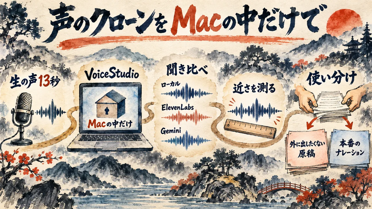この記事の地図。生の声13秒からMacの中だけで声を作り、ElevenLabsとGeminiと聞き比べて使い分けるまで
