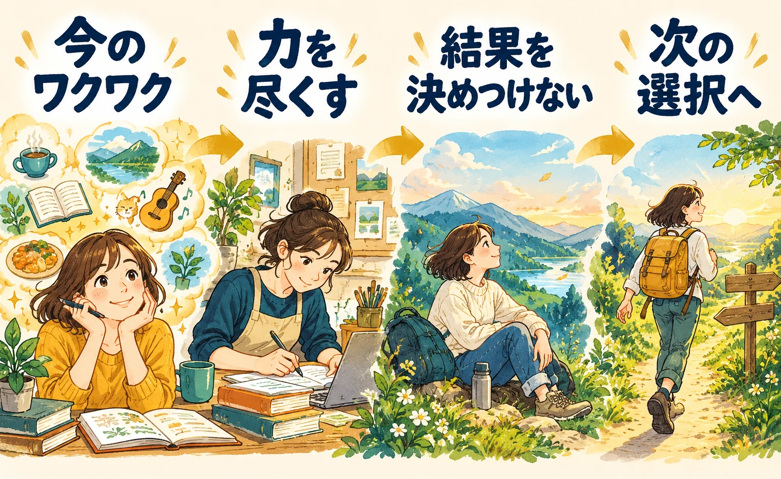 ワクワクを選ぶ、力を尽くす、結果を決めつけない、次の選択へ進むという本書の背骨