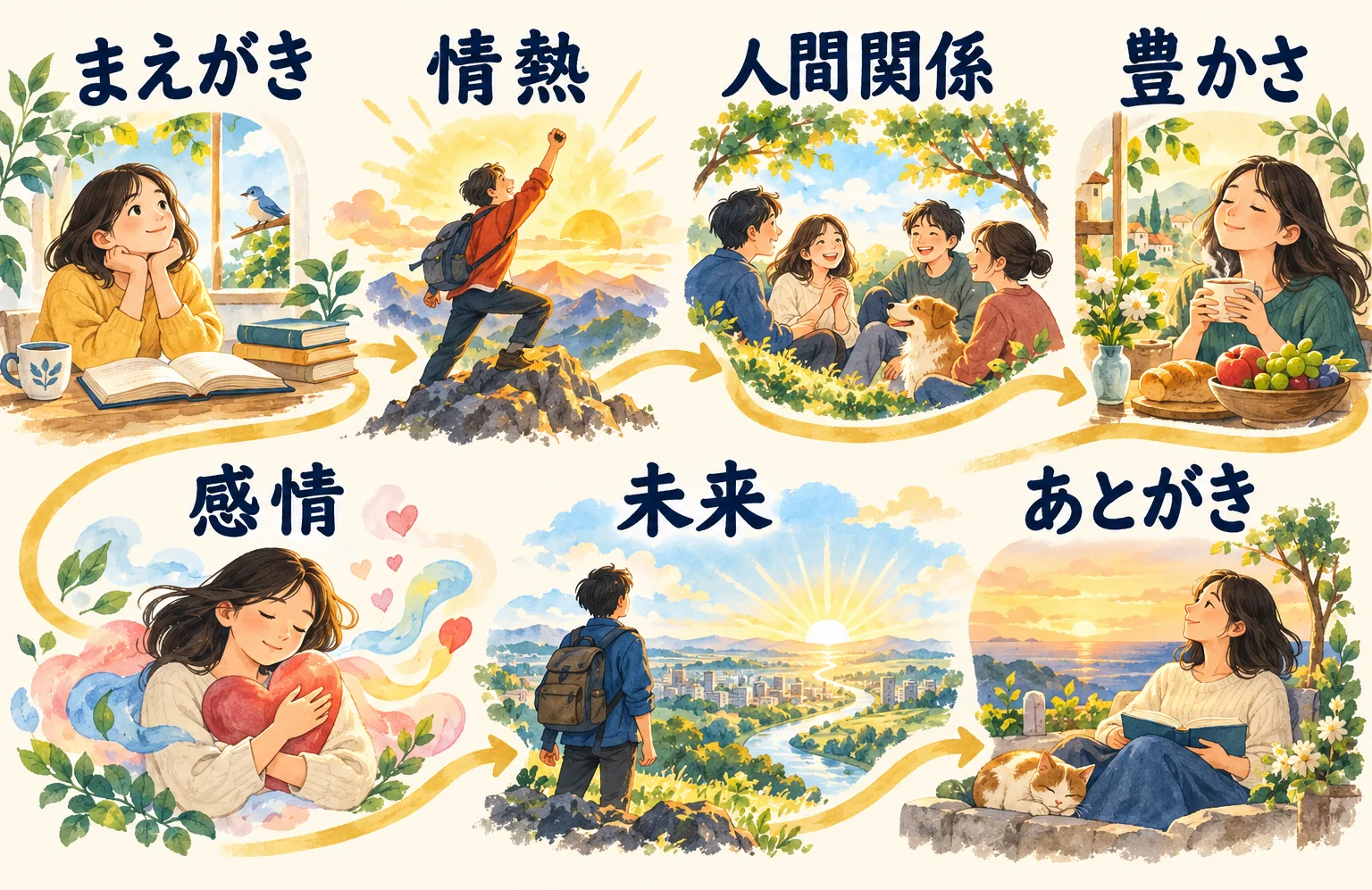 まえがき、情熱、人間関係、豊かさ、感情、未来、あとがきへ進む全5章の読書案内