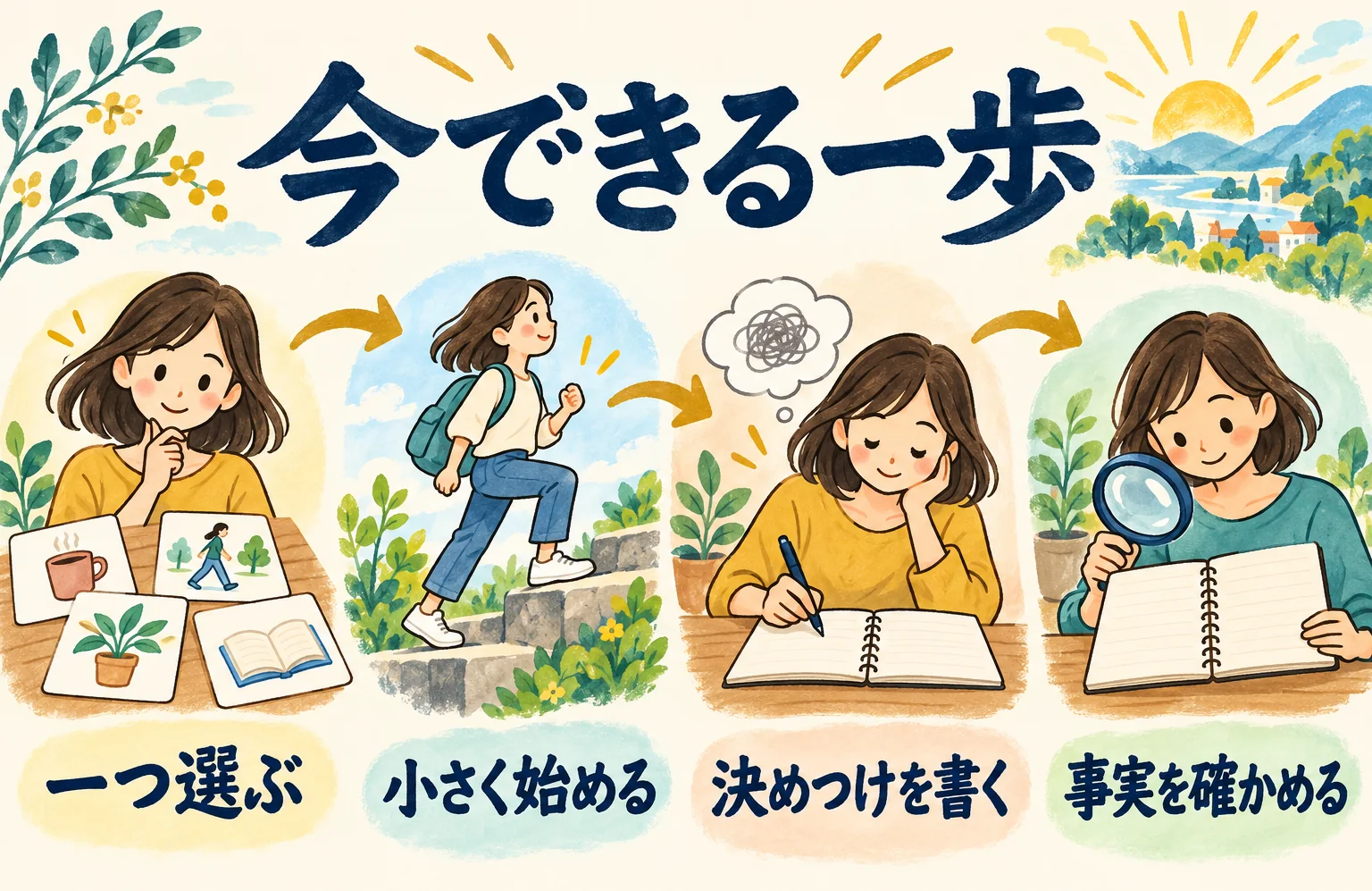 実践。一つ選ぶ、今できる大きさにする、決めつけを一文で書く、やった事実を確かめる