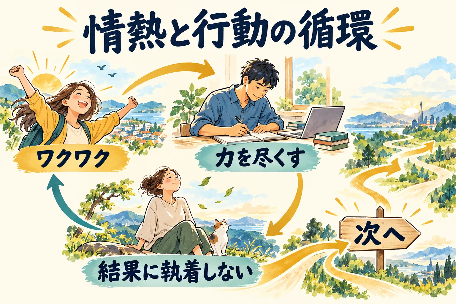 ワクワクから行動へ進み、結果への執着を手放して次の選択へ。一本道の成功図ではなく次の選択に開かれた道