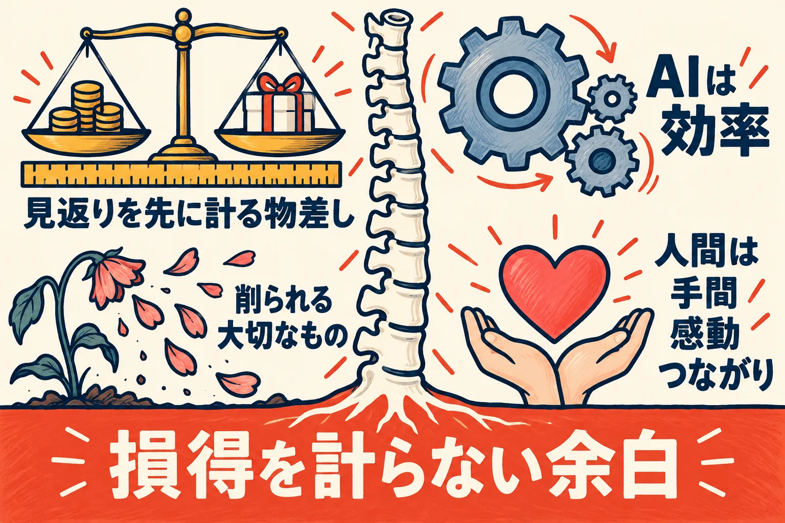 見返りを計る物差しと、AIの効率・人間の手間を対比し、損得を計らない余白が背骨として支える図