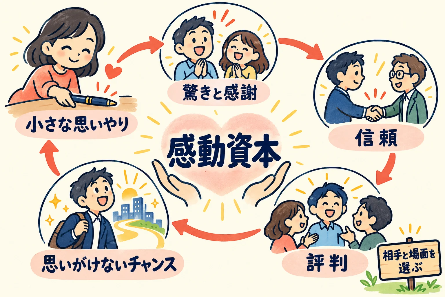 小さな思いやりから驚き、信頼、評判、チャンスへ巡る感動資本の循環と、相手と場面を選ぶ注意書き
