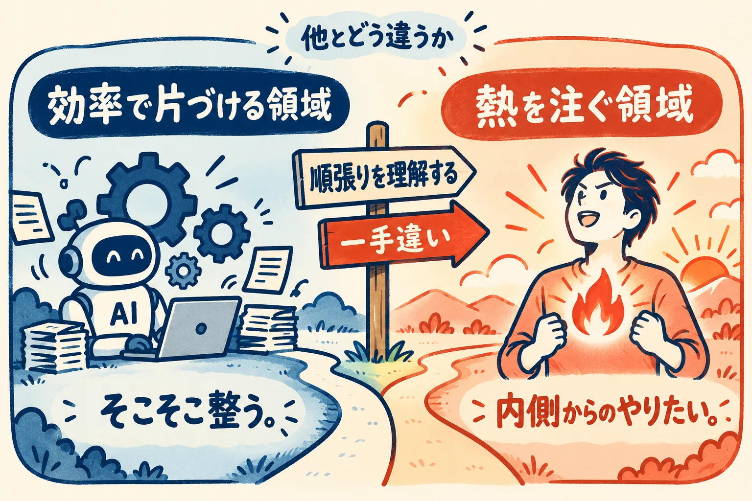 AIに任せる効率の領域と、内側の熱を注ぐ領域を使い分け、順張りを理解して一手違いへ進む図