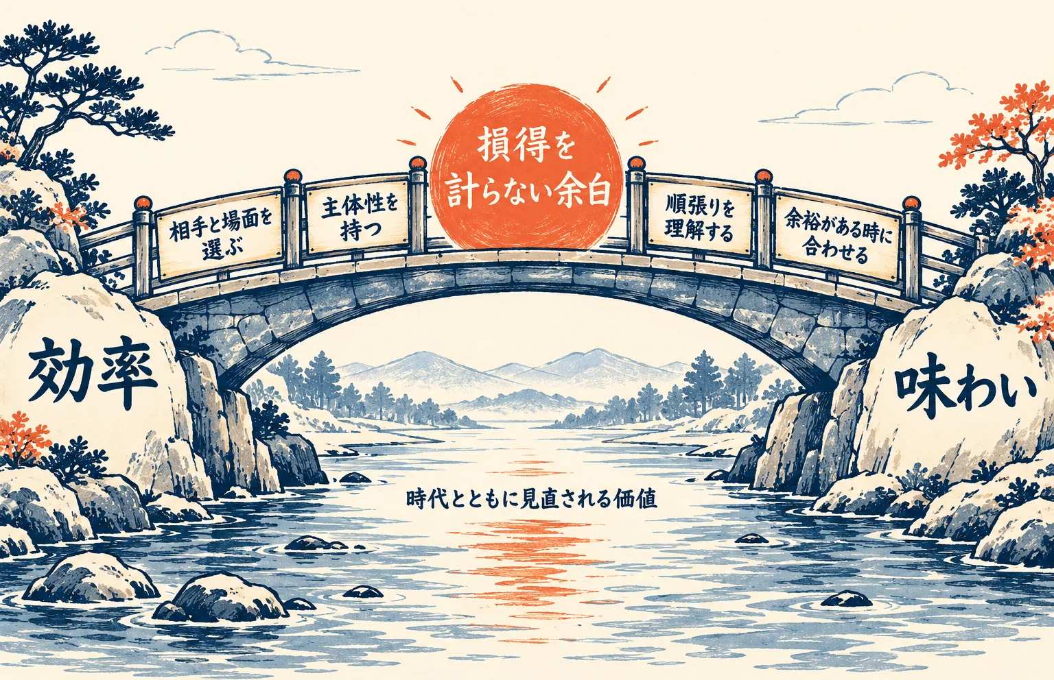 効率と味わいを結ぶ橋に、本の条件と損得を計らない余白を描いたまとめの図