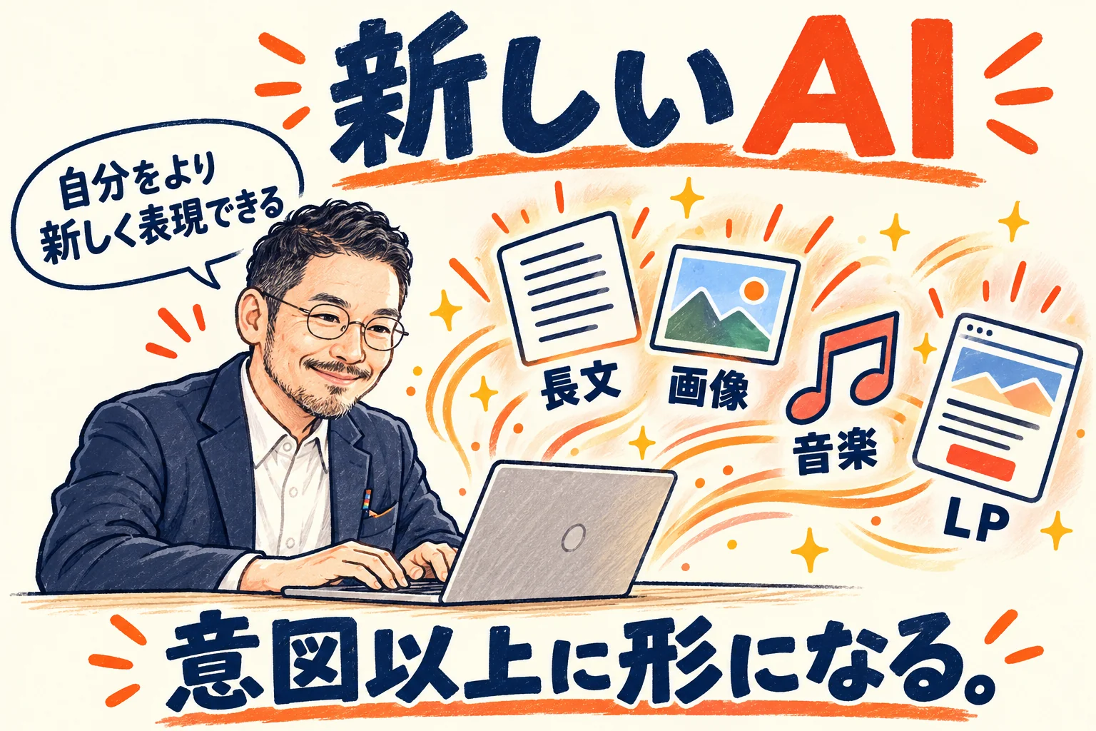 本人をイラストで描き、新しいAIで長文・画像・音楽・LPが意図以上に形になっていく様子を示した図