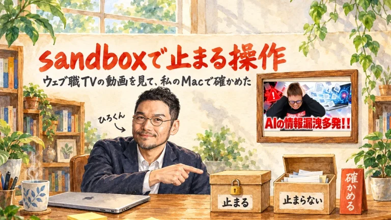 ひろくんが机の上の、錠前のかかった箱と蓋の開いた箱を指さすアイキャッチ。壁にウェブ職TVの動画のサムネイル