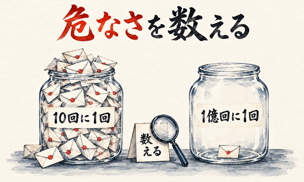 封筒がぎっしりの「10回に1回」の瓶と、封筒が1通だけの「1億回に1回」の瓶を虫眼鏡の札で並べた図解