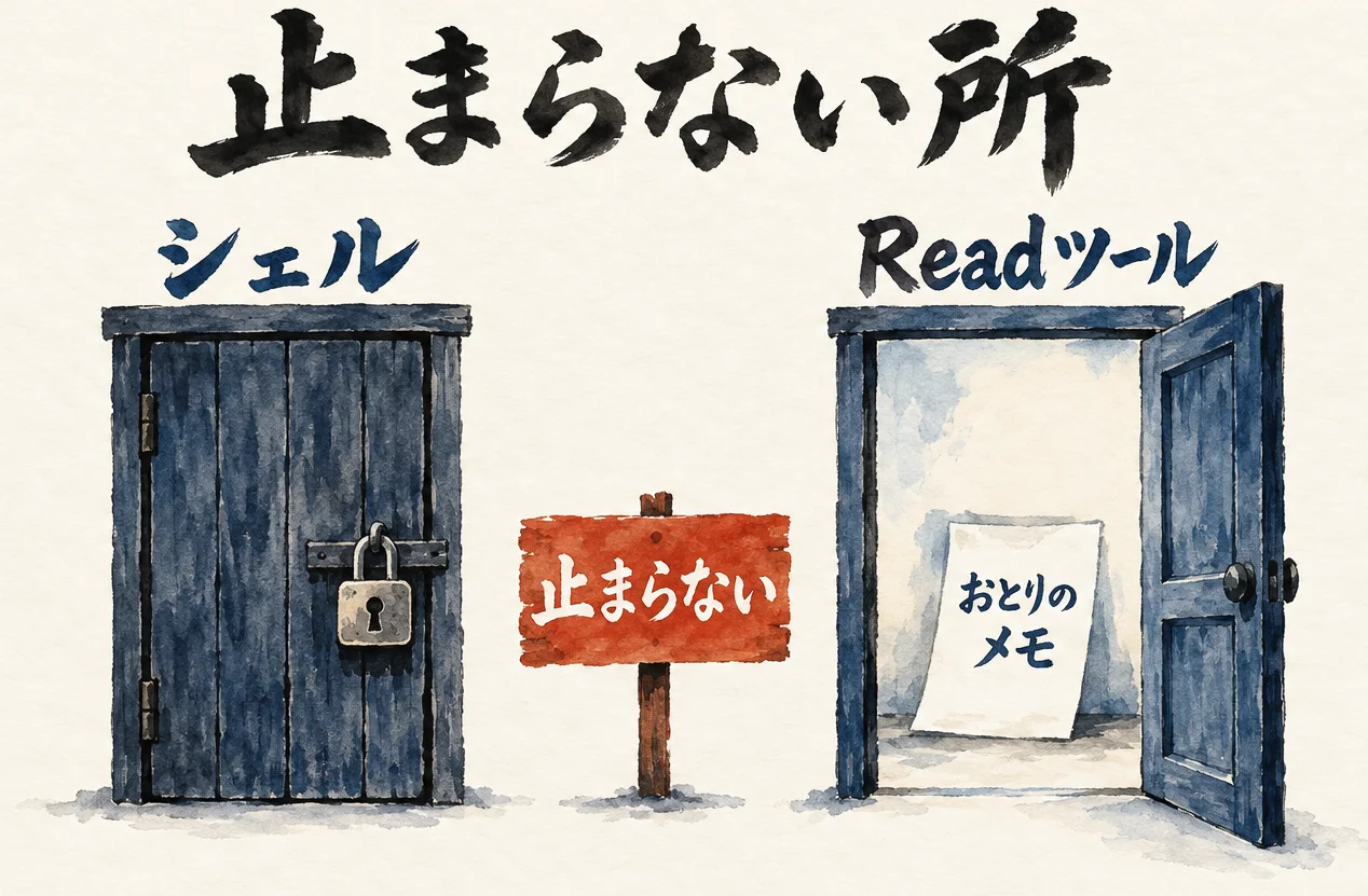 錠前のかかった「シェル」の扉は閉まり、「Readツール」の扉は開いて奥におとりのメモが見える図解