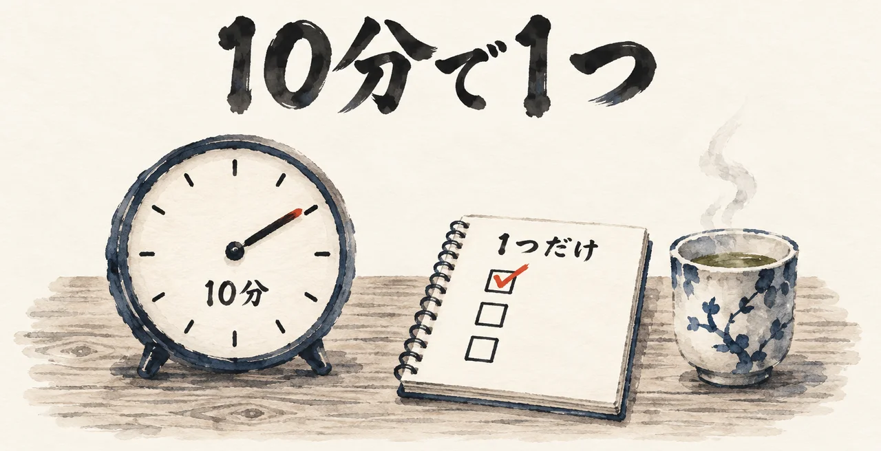 10分を指す置き時計と、チェックが1つだけ入った3項目のメモ帳の図解