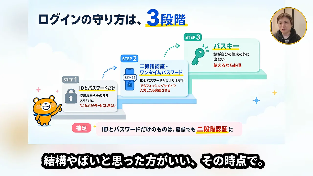 動画キャプチャ: ログインの守り方を、IDとパスワードだけ、2段階認証、パスキーの3段階で示すスライド（5:30頃）