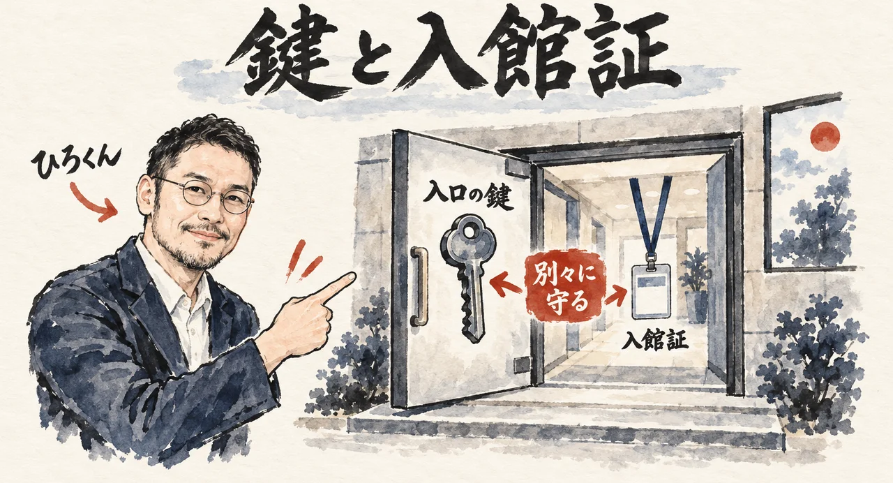ひろくんが、建物の入口の扉の大きな鍵「入口の鍵」と、廊下の入館証「入館証」を指さす。2つの間に「別々に守る」の札がある図解