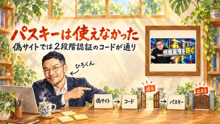 ひろくんが机の前で、「偽サイト」「コード」「パスキー」の札と、開いた門「通る」、閉じた門「止まる」を指さすアイキャッチ。右上の額縁に元動画のサムネイル。題字は「パスキーは使えなかった」偽サイトでは2段階認証のコードが通り