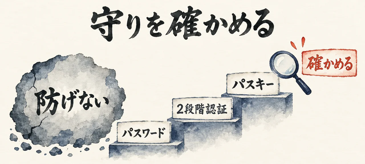 大きな札「防げない」の右に、「パスワード」「2段階認証」「パスキー」の3段の階段があり、一番上の脇に虫めがね「確かめる」を置いた図解