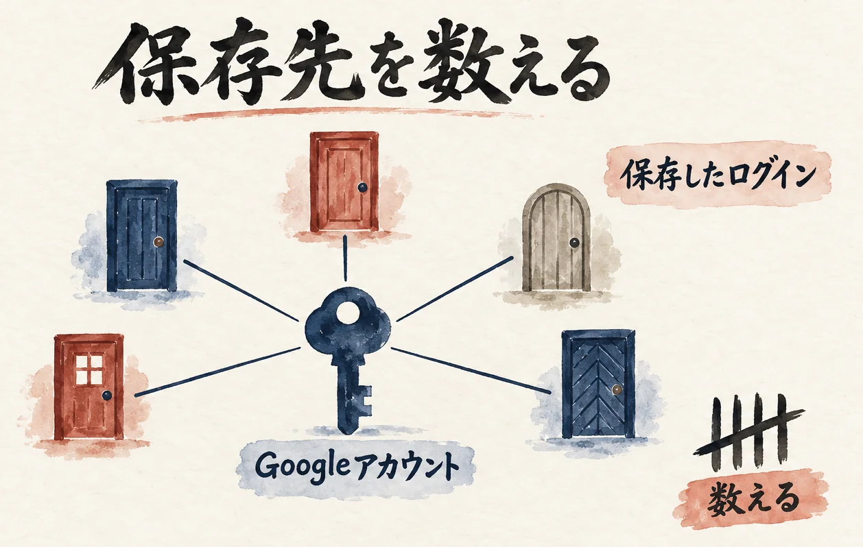 鍵「Googleアカウント」から5つの扉「保存したログイン」へ線が伸び、脇に数え棒と「数える」の札を置いた図解
