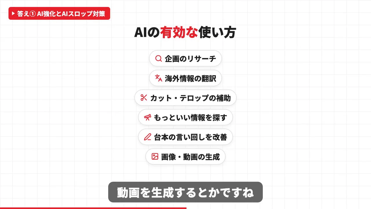 動画キャプチャ: 「AIの有効な使い方」6項目のスライド（8:38頃）