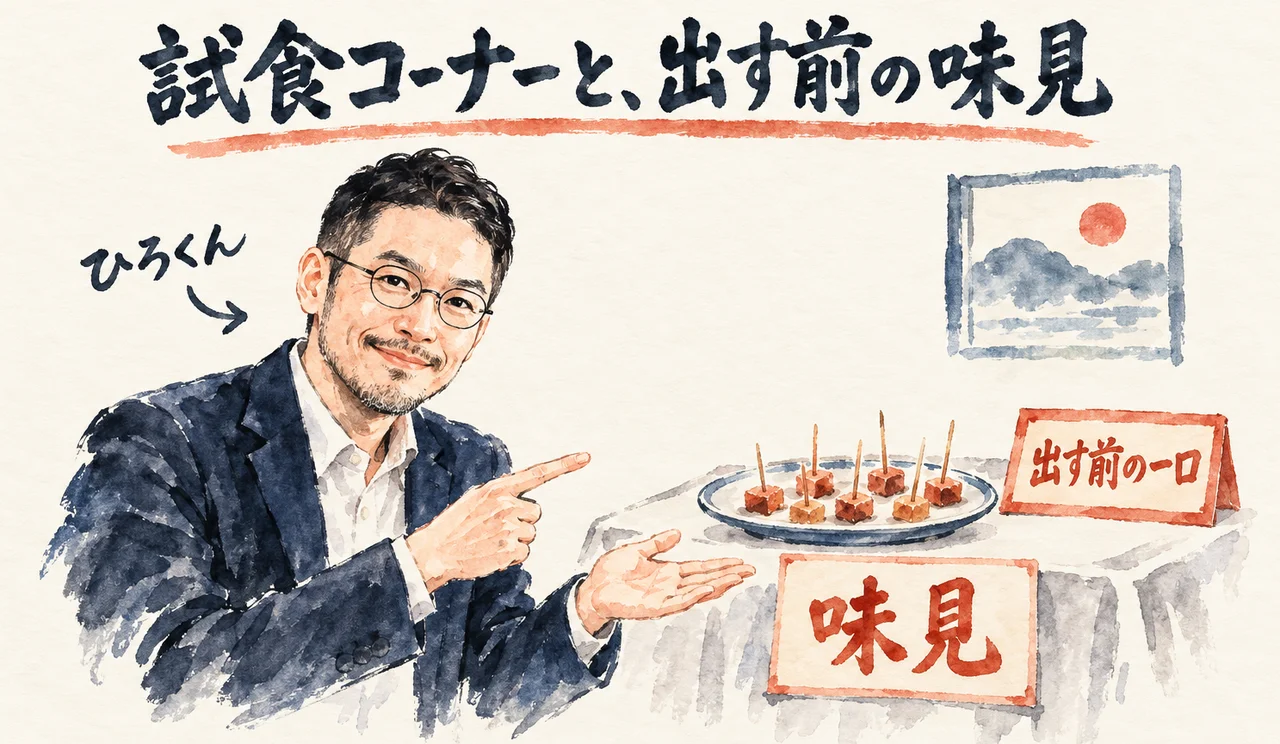 ひろくんが、スーパーの試食台に並んだ「出す前の一口」と「味見」の札を指している図解