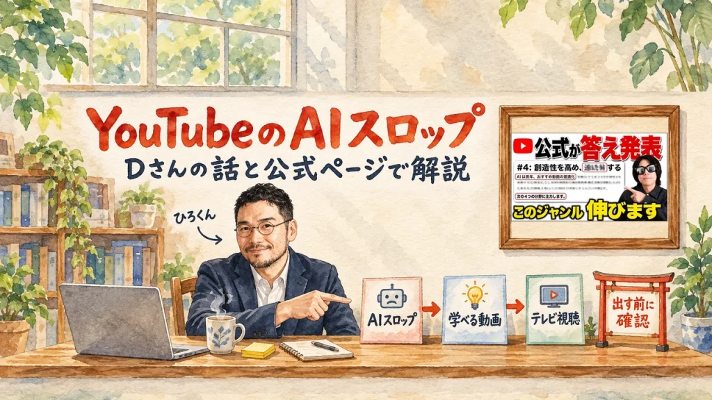 ひろくんが机の前で、AIスロップ・学べる動画・テレビ視聴の3枚の札を指すアイキャッチ。右上の額縁に元動画のサムネイル。題字は「YouTubeのAIスロップ　Dさんの話と公式ページで解説」