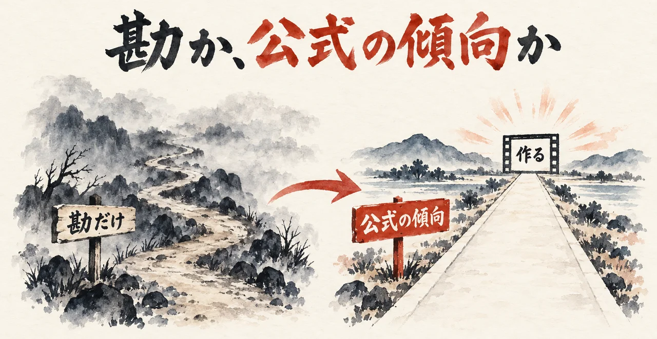 曲がりくねった「勘だけ」の道から、まっすぐな「公式の傾向」の道へ乗り換え、その先に「作る」がある図解